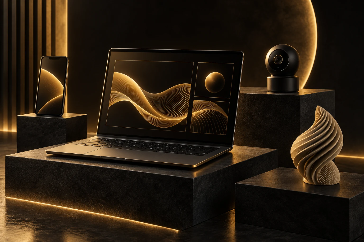 Black and gold technology concept with a laptop, phone, camera and custom printed object